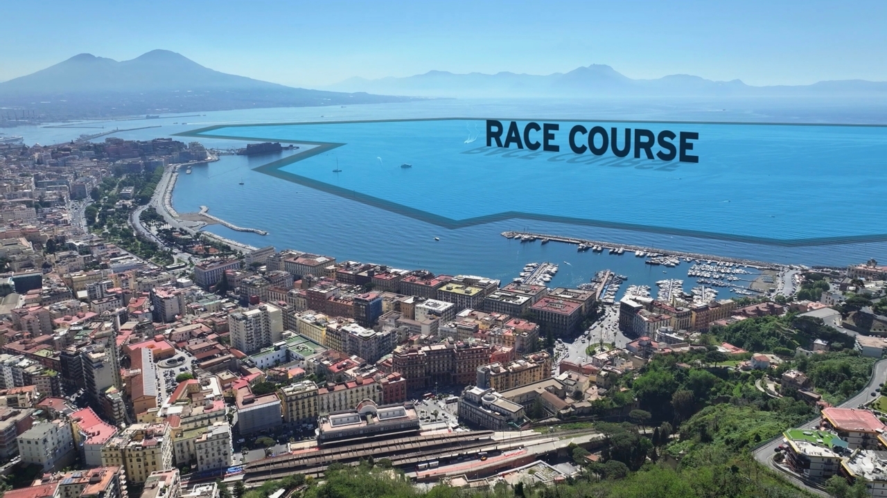 Aerial view of the Bay of Naples race course area, with Mount Vesuvius in the background