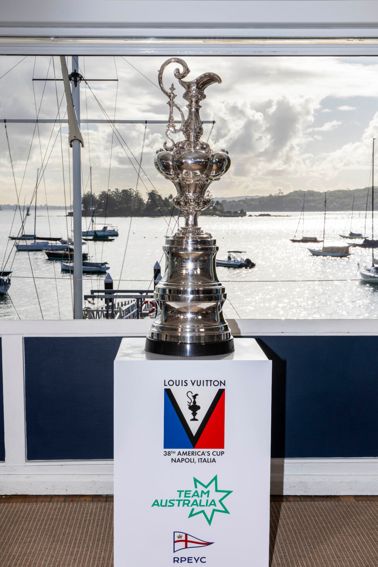 The America's Cup trophy on display at the Royal Prince Edward Yacht Club